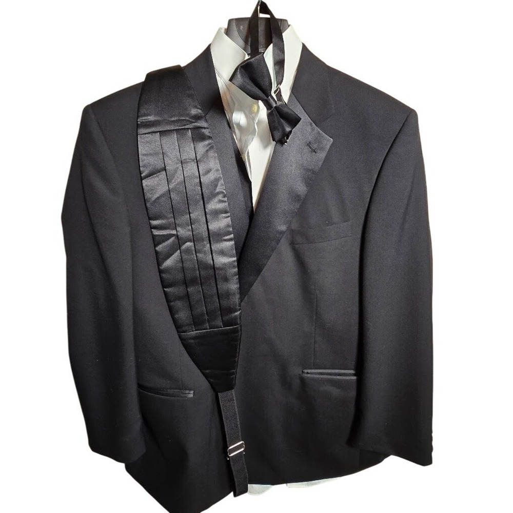 Stafford Mens Black Tuxedo Set Blazer Pants Shirt Bow Tie Cummerbund Formal 46R